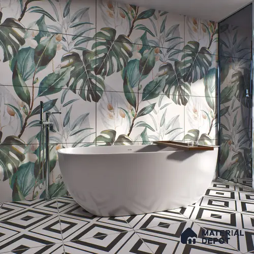Tropical Wall Tile TL 06127 Monstera Blanco Decor Pattern 2 4 ft x 2 ft Vitrified Matte Finish - 9 mm | (1 Box Contain Single Design ) | Suitable For Living Room, Bedroom, Bathroom, Dining