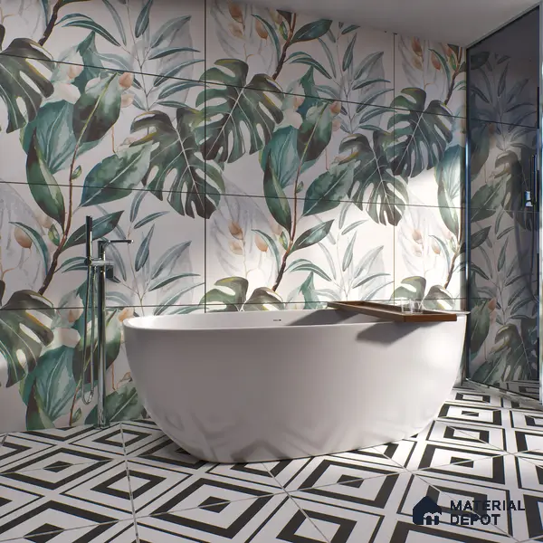 Tropical Wall Tile TL 06127 Monstera Blanco Decor Pattern 2 4 ft x 2 ft Vitrified Matte Finish - 9 mm | (1 Box Contain Single Design ) | Suitable For Living Room, Bedroom, Bathroom, Dining