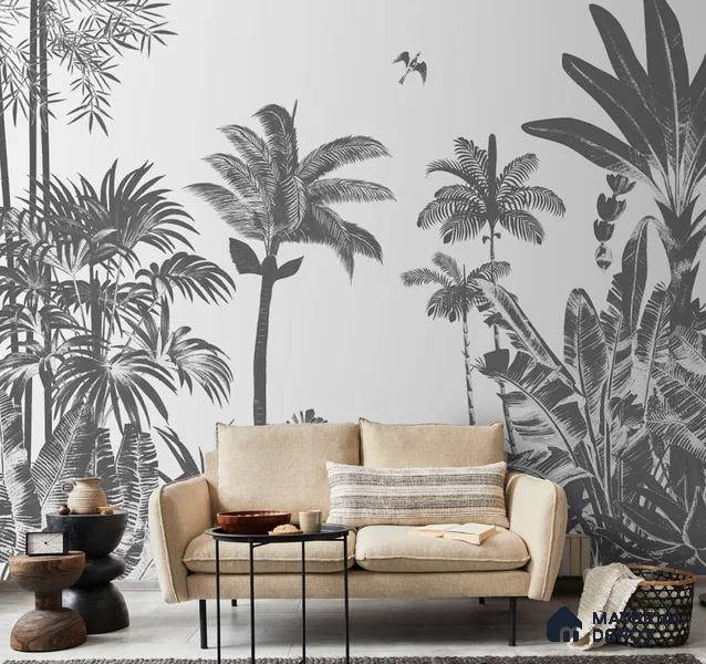 Tropical Monochrome, Room Wallpaper Sukoon Series Canvas Tropical Design (Customised Size Wallpaper)