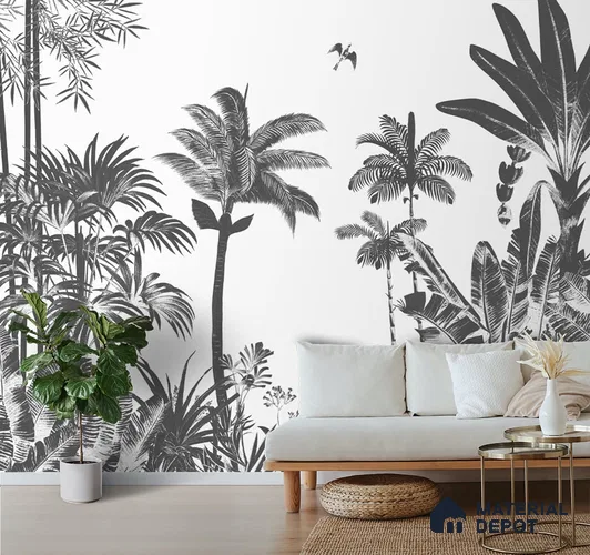 Tropical Monochrome, Room Wallpaper Sukoon Series Canvas Tropical Design (Customised Size Wallpaper)