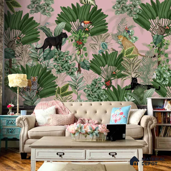Tropical Tales: Deep Forest Wallpaper, Pink Sukoon Series Handmade Tropical Design (Customised Size Wallpaper)