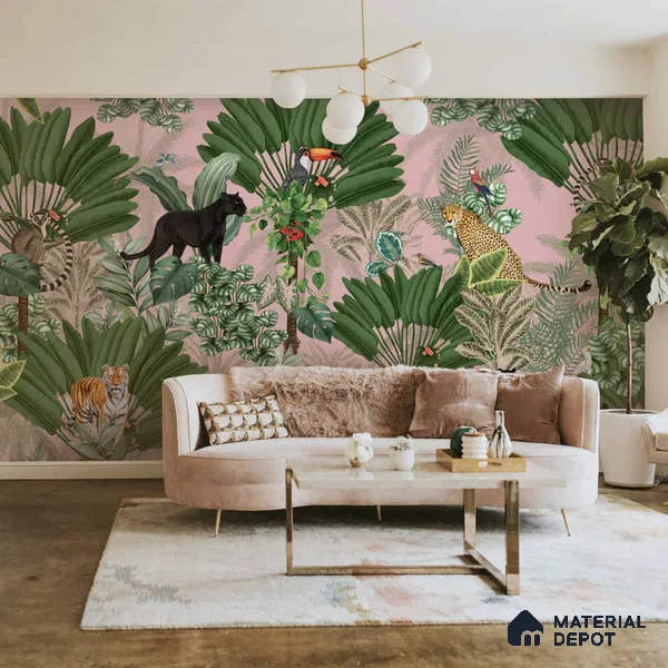 Tropical Tales: Deep Forest Wallpaper, Pink Sukoon Series Handmade Tropical Design (Customised Size Wallpaper)