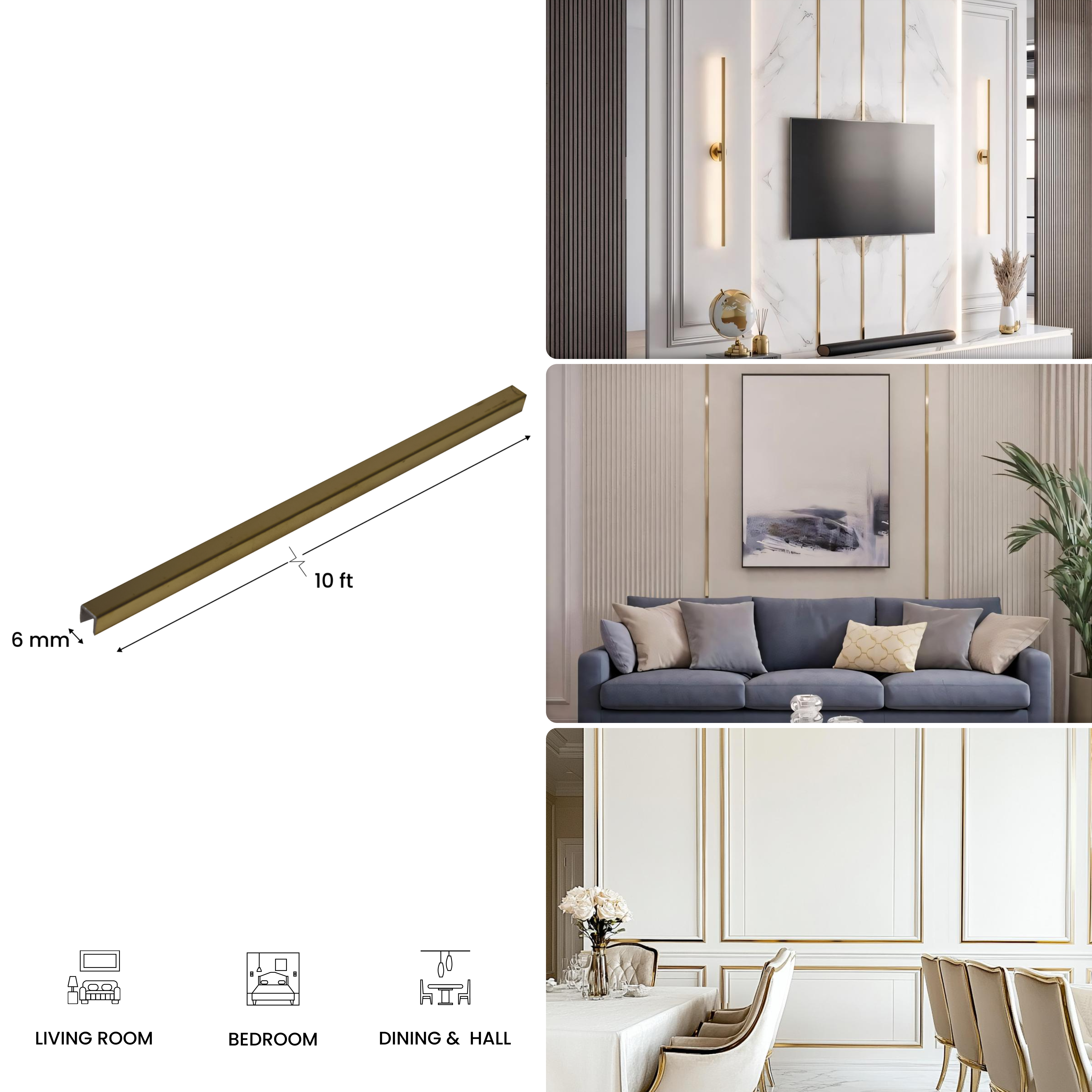 SS 304 U Inlay Profile Polished Gold Glossy Finish Edgeline PM 00292 I | 10 ft (3 mtr) x 6 mm x 0.6 mm | Adhesive Type Installation | Suitable for Floor & Walls