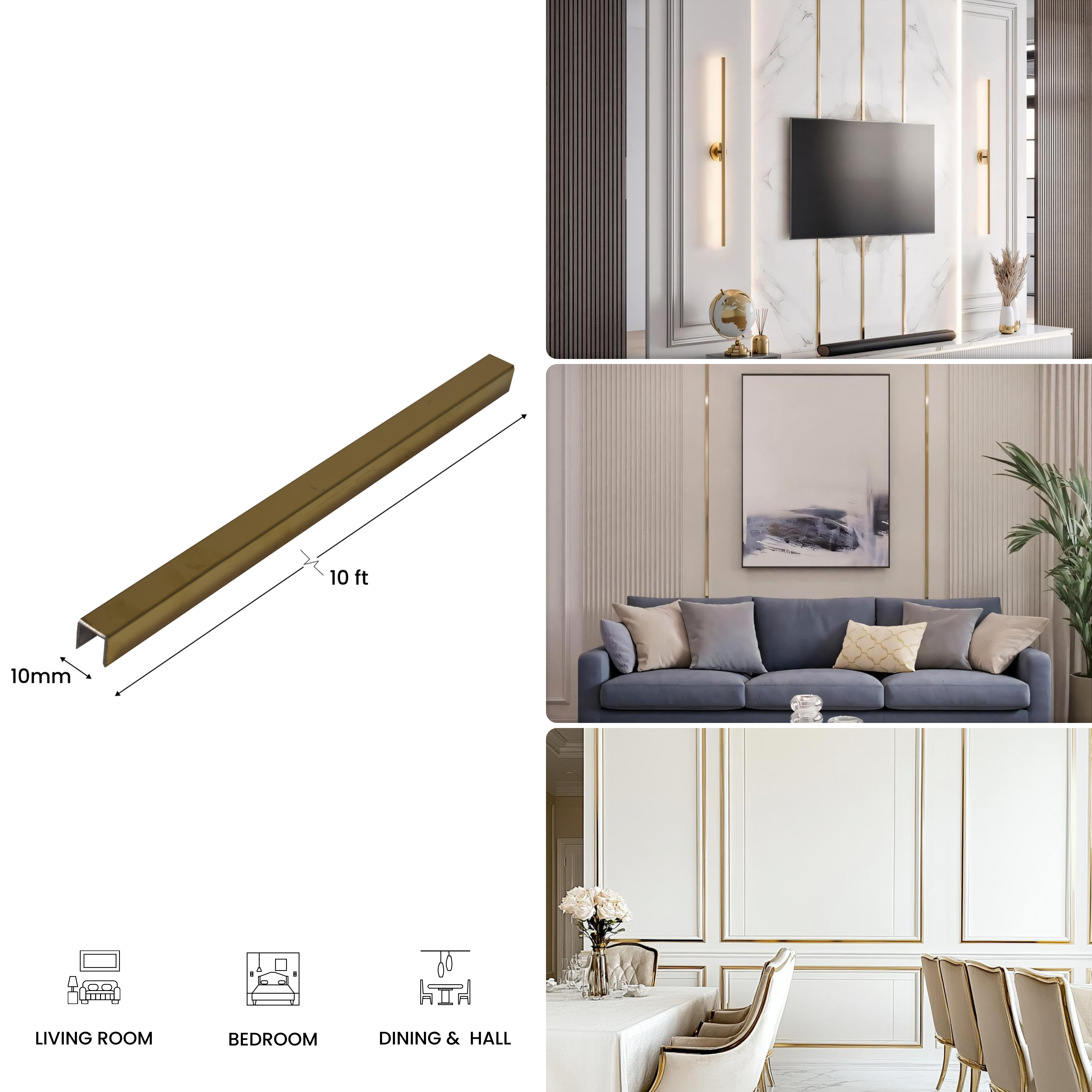 SS 304 U Inlay Profile Polished Gold Glossy Finish Edgeline PM 00292 J | 10 ft (3 mtr) x 10 mm x 0.6 mm | Adhesive Type Installation | Suitable for Floor & Walls