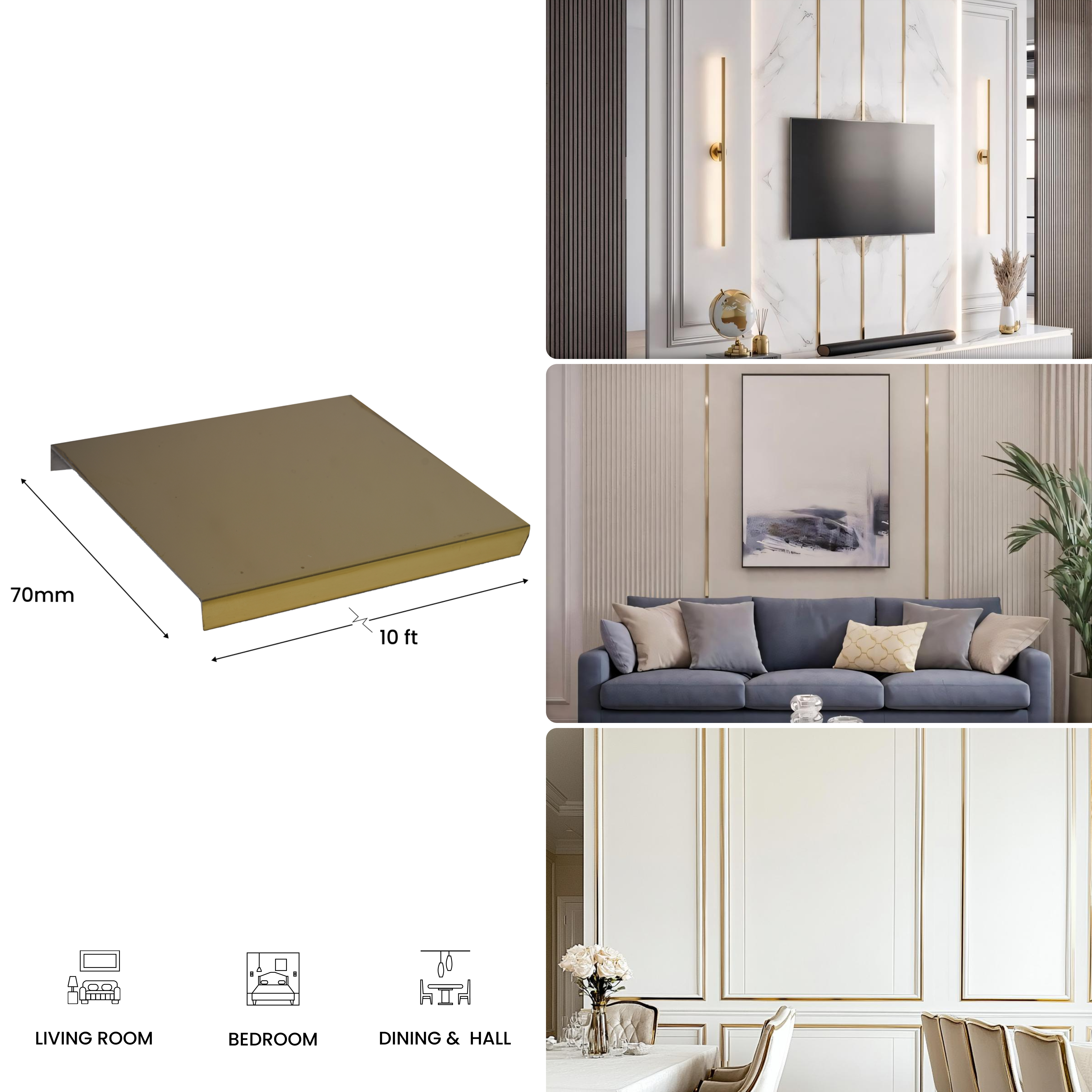 SS 304 U Inlay Profile Polished Gold Glossy Finish Edgeline PM 00292 N | 10 ft (3 mtr) x 70 mm x 0.6 mm | Adhesive Type Installation | Suitable for Floor & Walls