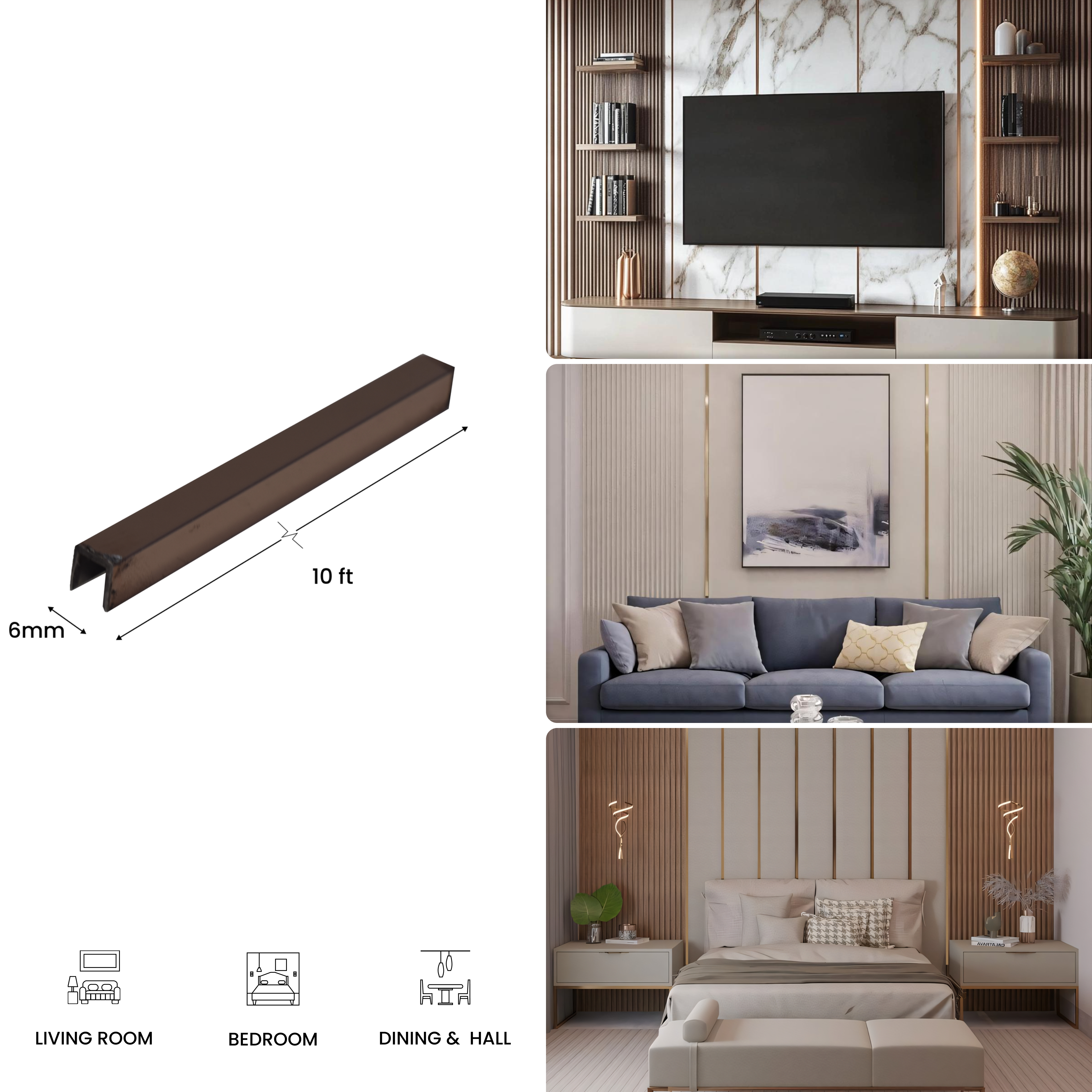 SS 304 U Inlay Profile Rose Gold Glossy Finish Edgeline PM 00292 Q | 10 ft (3 mtr) x 6 mm x 0.6 mm | Adhesive Type Installation | Suitable for Floor & Walls