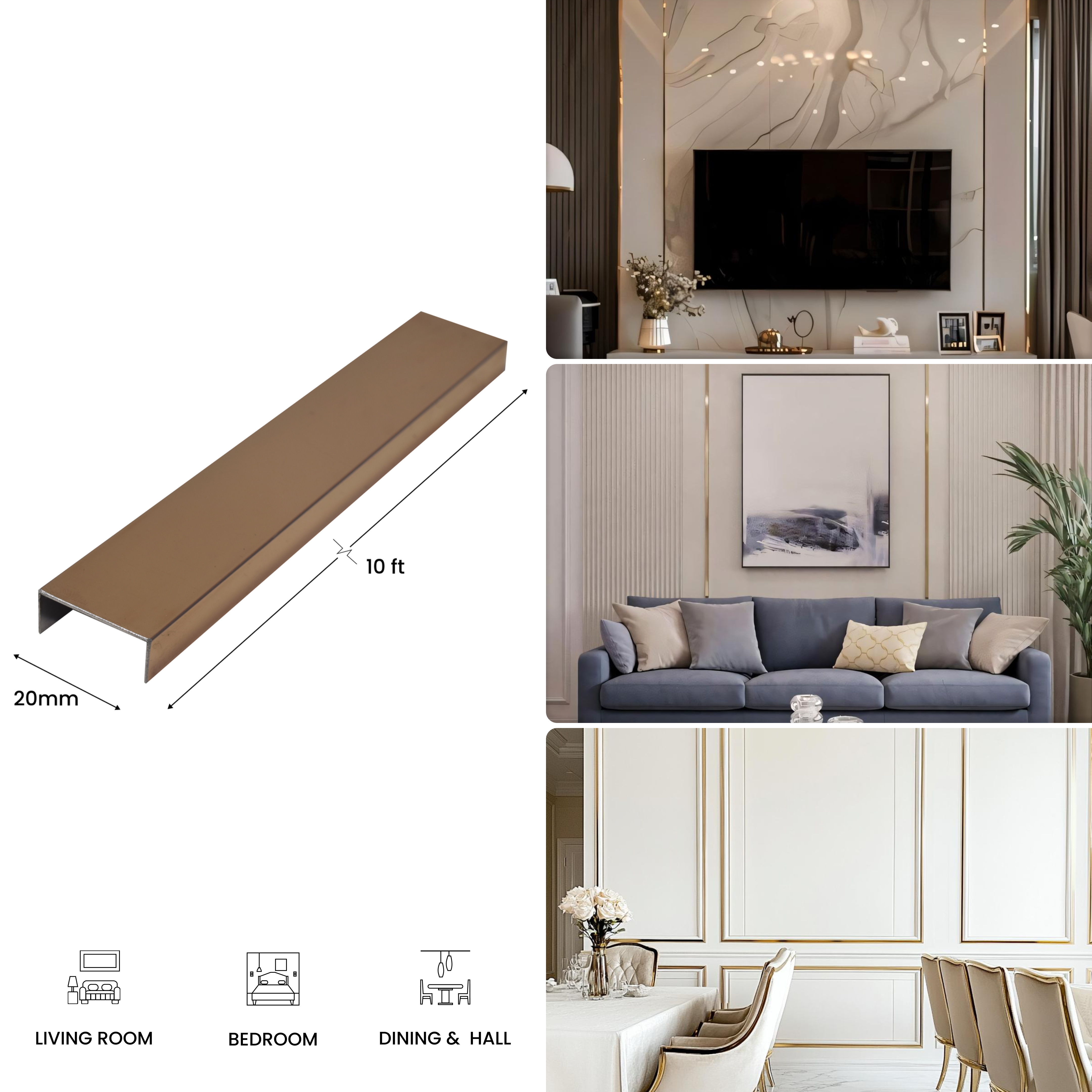 SS 304 U Inlay Profile Rose Gold Glossy Finish Edgeline PM 00292 T | 10 ft (3 mtr) x 20 mm x 0.6 mm | Adhesive Type Installation | Suitable for Floor & Walls
