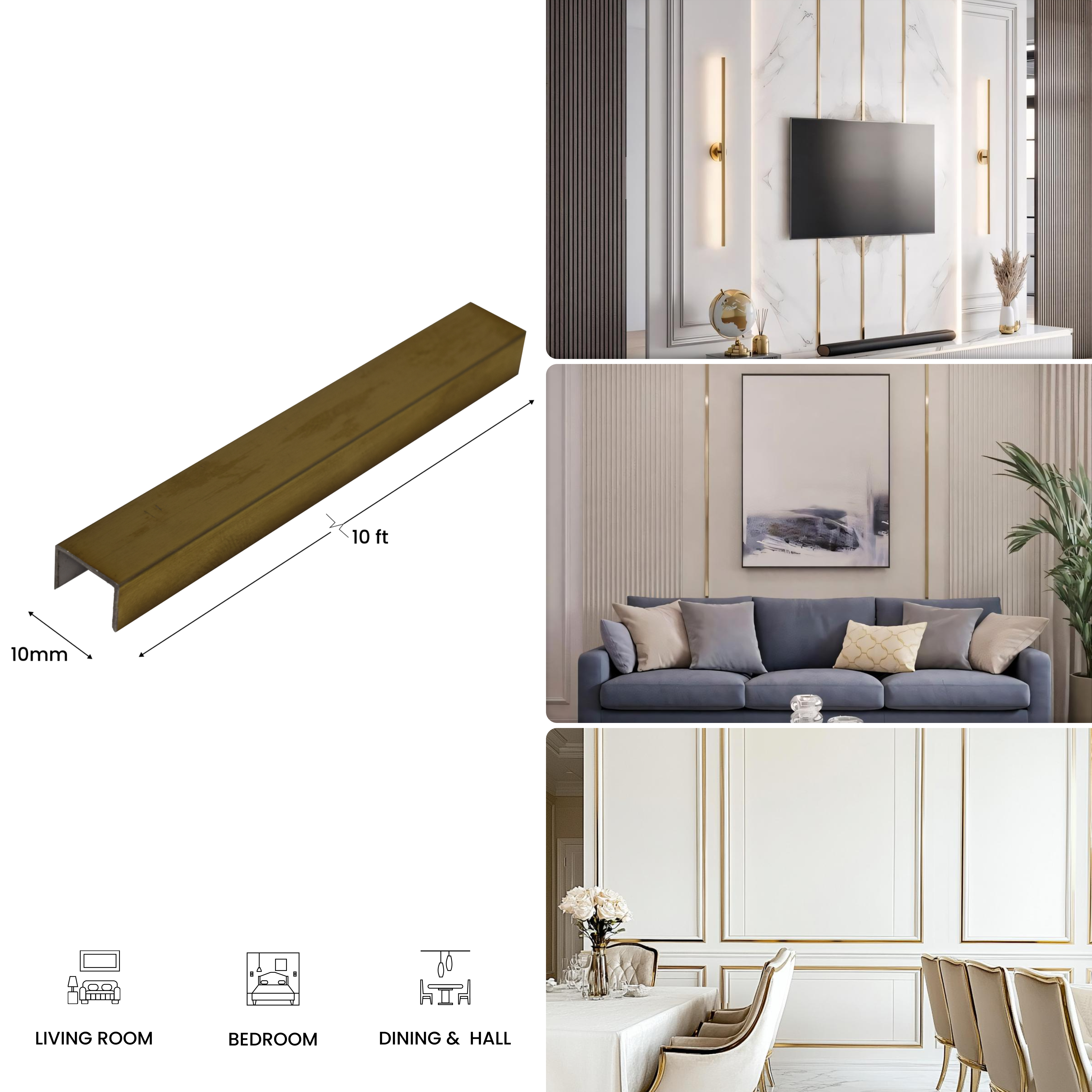 SS 304 U Inlay Profile Brush Gold Matte Finish Edgeline PM 00292 Z | 10 ft (3 mtr) x 10 mm x 0.6 mm | Adhesive Type Installation | Suitable for Floor & Walls