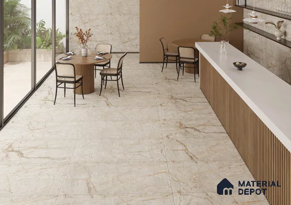 Stylish Dining Area with Beige Marble Tiles | Material Depot