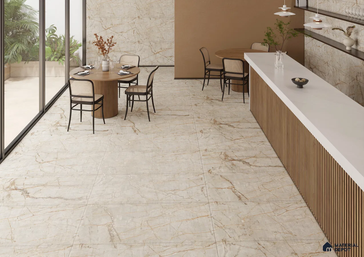 Stylish Dining Area with Beige Marble Tiles | Material Depot
