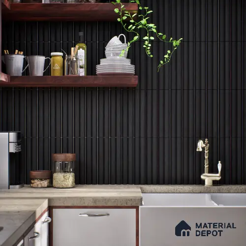 Subway Fluted Wall Tile TL 04961 D Piedra Black Knight 12 x 3 inch Ceramic Matte Finish - 6.5 mm | Suitable for Highlighter Walls, Foyer, Bathroom, Kitchen Wall & Backsplashes