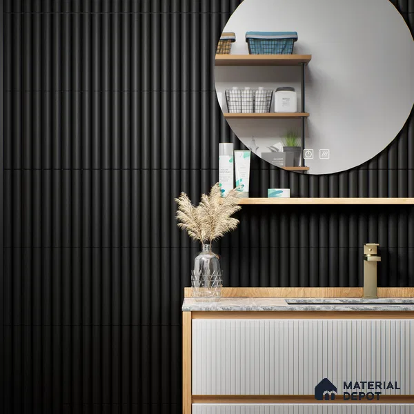Subway Fluted Wall Tile TL 04961 D Piedra Black Knight 12 x 3 inch Ceramic Matte Finish - 6.5 mm | Suitable for Highlighter Walls, Foyer, Bathroom, Kitchen Wall & Backsplashes (Sample)