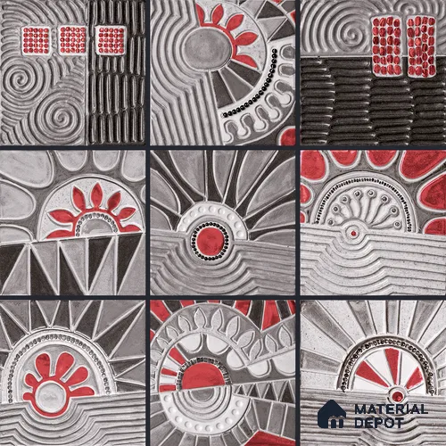 Handmade Third Fired Tumbled Tile TL 12983 D Graphite Sunburst 97x97 mm Glazed Matte Finish Embossed On Vitrified Mexican Series Tile - 11 mm | Custom Design & Individual Designs Available