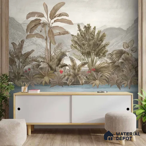 Vintage Theme Tropical Foliage Wallpaper, Customised Indrani Series Soft Feel Tropical Design (Customised Size Wallpaper )
