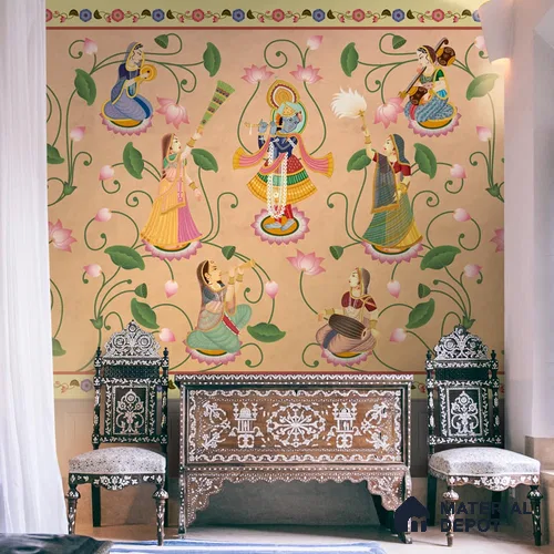 H900712 Vrindavan, Shri Krishna and Gopies Wallpaper Sukoon Series Canvas Patterned Design (Customised Size Wallpaper)