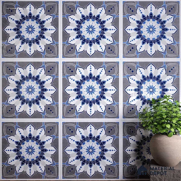 Moroccan Wall & Floor Tile TL 07421 Glito Blue 2 ft x 2 ft Glossy Finish Vitrified Tile - 9 mm | Suitable For living Room, Bedroom, Bathroom | Please Expect a Slight Variation of Pattern (Sample)