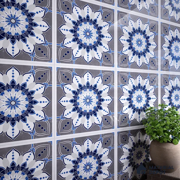 Moroccan Wall & Floor Tile TL 07421 Glito Blue 2 ft x 2 ft Glossy Finish Vitrified Tile - 9 mm | Suitable For living Room, Bedroom, Bathroom | Please Expect a Slight Variation of Pattern (Sample)