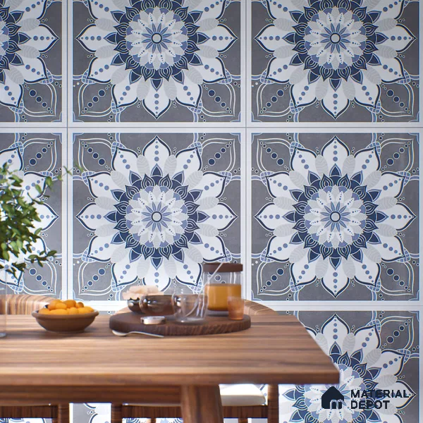 Moroccan Wall & Floor Tile TL 07421 Glito Blue 2 ft x 2 ft Glossy Finish Vitrified Tile - 9 mm | Suitable For living Room, Bedroom, Bathroom | Please Expect a Slight Variation of Pattern (Sample)