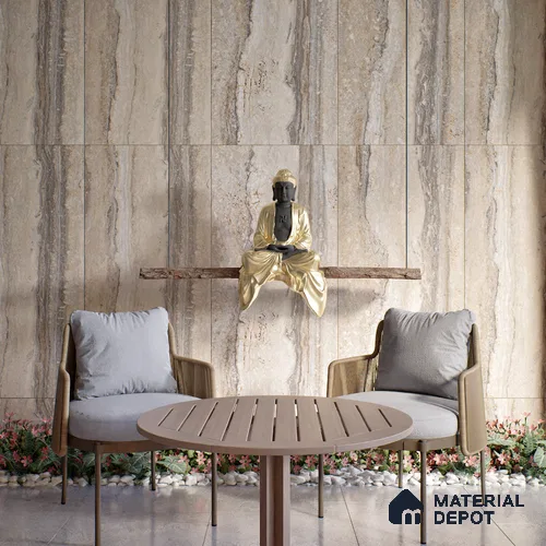 Carving Wall & Floor Tile TL 07401 Travertino Romano 4 ft x 2 ft Matte Finish Vitrified Tile - 9 mm | Suitable For Living Room, Bedroom, Kitchen