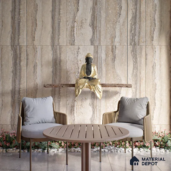 Carving Wall & Floor Tile TL 07401 Travertino Romano 4 ft x 2 ft Matte Finish Vitrified Tile - 9 mm | Suitable For Living Room, Bedroom, Kitchen