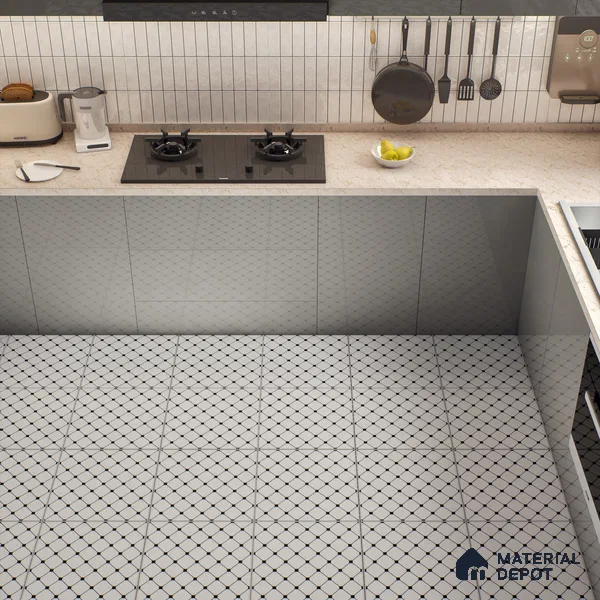 Moroccan Wall & Floor Tile TL 00228 Black & White 1 ft x 1 ft Matte Finish Ceramic Tile - 9 mm | Suitable For Kitchen, Bathroom, Dining Area | Please Expect a Slight Variation of Pattern