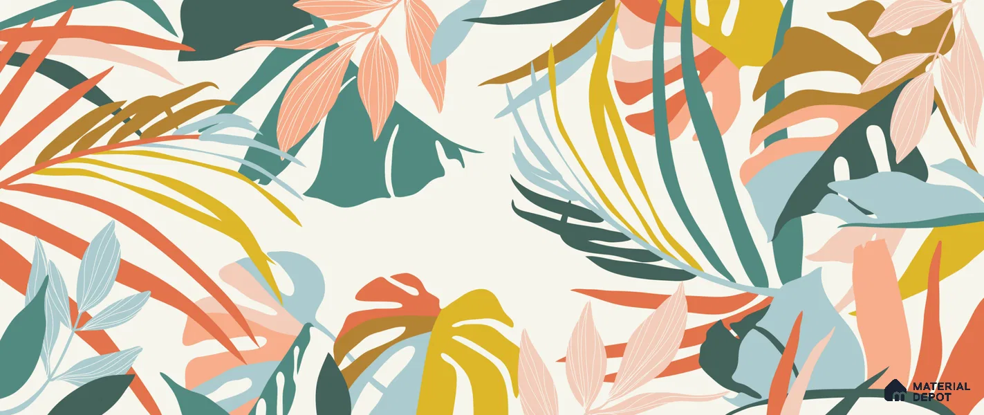 Multi Colour Modern Tropical Foliage Abstract Serenity Art | WP 03919 B Canvas Texture Finish Tropical Style luxurious Customized size Wallpaper | 250 GSM WP01CNF Paper | (MOQ = 30 Sq. Ft.)