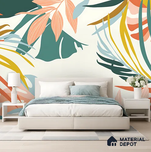 Multi Colour Modern Tropical Foliage Abstract Serenity Art | WP 03919 B Canvas Texture Finish Tropical Style luxurious Customized size Wallpaper | 250 GSM WP01CNF Paper | (MOQ = 30 Sq. Ft.)