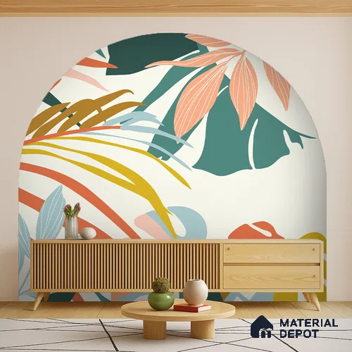 Multi Colour Modern Tropical Foliage Abstract Serenity Art | WP 03919 B Canvas Texture Finish Tropical Style luxurious Customized size Wallpaper | 250 GSM WP01CNF Paper | (MOQ = 30 Sq. Ft.)