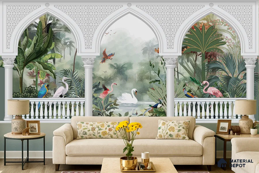 Arches of the Living Garden Antique Paisley Ornate Pattern | WP 04193 B Canvas Texture Finish Indian Style luxurious Customized size Wallpaper | 250 GSM WP01CNF Paper | (MOQ = 30 Sq. Ft.)