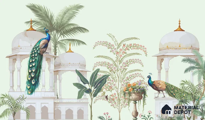 Peacock Pavilion Garden Artistic Charm Designer | WP 03968 B Canvas Texture Finish Chinoiserie Style luxurious Customized size Wallpaper | 250 GSM WP01CNF Paper | (MOQ = 30 Sq. Ft.)