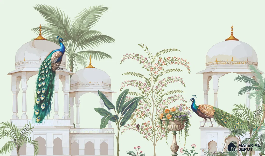 Peacock Pavilion Garden Artistic Charm Designer | WP 03968 B Canvas Texture Finish Chinoiserie Style luxurious Customized size Wallpaper | 250 GSM WP01CNF Paper | (MOQ = 30 Sq. Ft.)