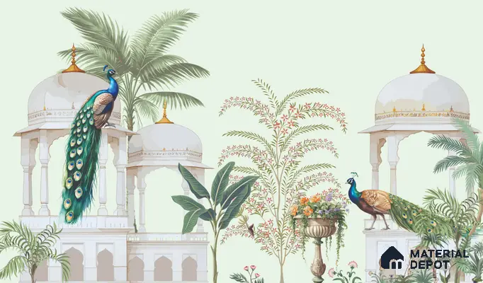Peacock Pavilion Garden Artistic Charm Designer | WP 03968 Non Woven Matte Finish Chinoiserie Style Premium Customized size Wallpaper | 150 GSM WP01MTF Paper | (MOQ = 30 Sq. Ft.)
