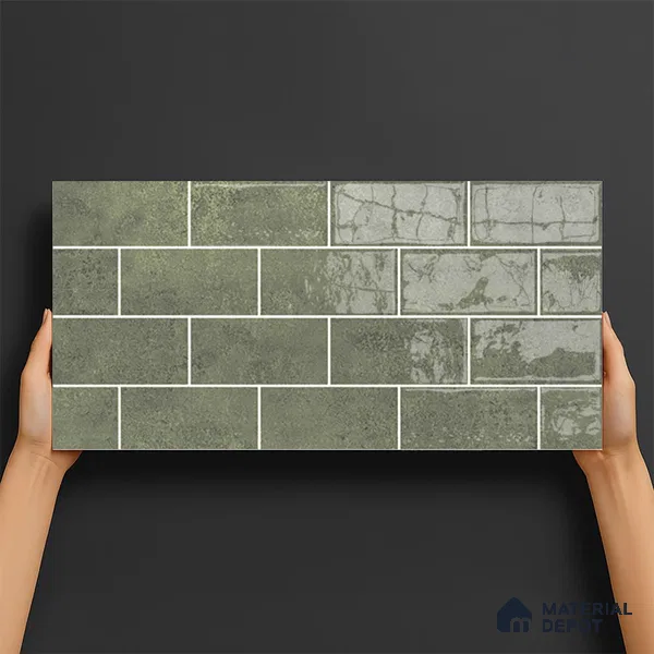Faux Subway Wall Tile TL 06570 F R Mood Green Bricks HL 2 ft x 1 ft Ceramic Glossy Finish - 8 mm | Suitable for Kitchen, Bathroom & Balcony Walls | Please Expect a Slight Variation of Pattern (Sample)