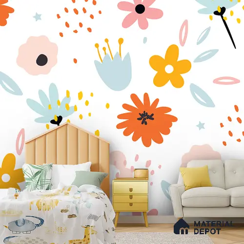 Flowers That Like to Dance Colorful Illustration | WP 04055 B Non Woven Matte Finish Florals Style Premium Customized size Wallpaper | 150 GSM WP01MTF Paper | (MOQ = 30 Sq. Ft.)