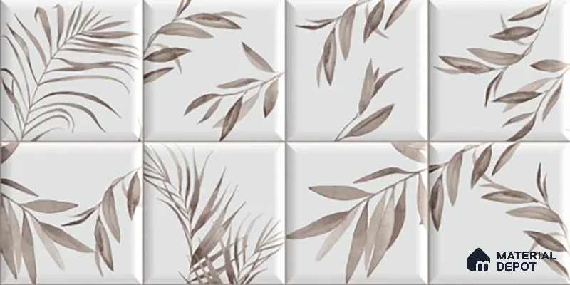 Floral Wall Tile TL 06559 C L Limon Grey Leaf HL 2 ft x 1 ft Ceramic Glossy Finish - 8 mm | Suitable for Living Room, Kitchen & Bathroom | Please Expect a Slight Variation of Pattern (Sample)