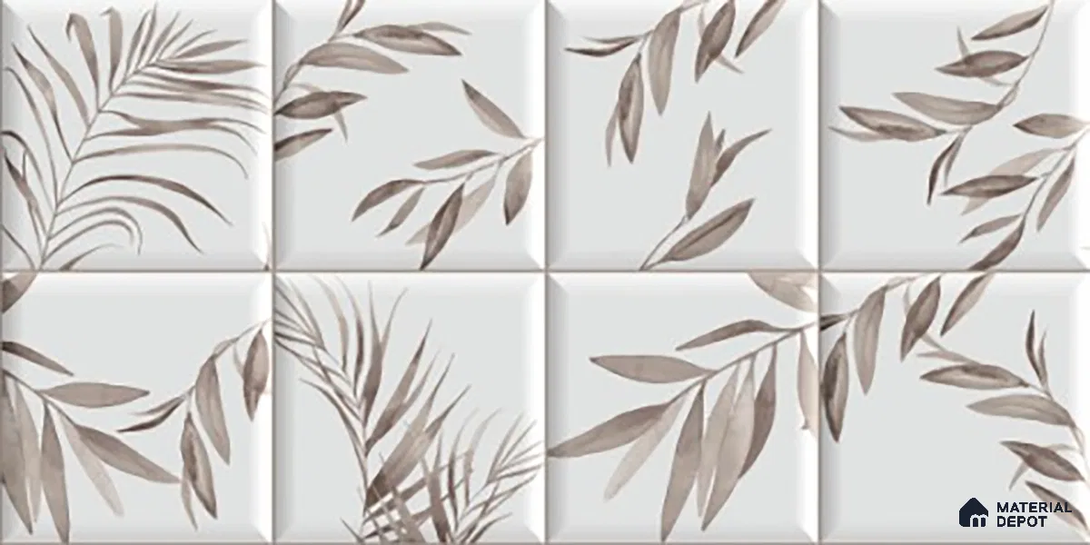 Floral Wall Tile TL 06559 C L Limon Grey Leaf HL 2 ft x 1 ft Ceramic Glossy Finish - 8 mm | Suitable for Living Room, Kitchen & Bathroom | Please Expect a Slight Variation of Pattern (Sample)
