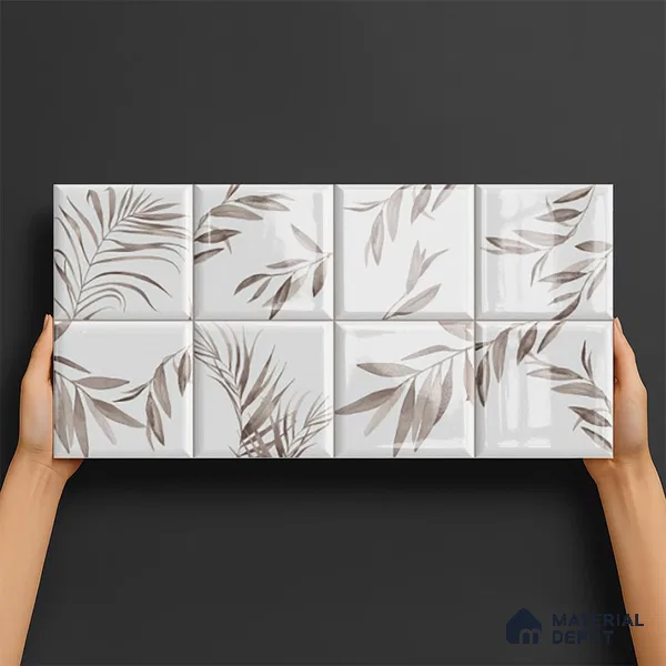 Floral Wall Tile TL 06559 C L Limon Grey Leaf HL 2 ft x 1 ft Ceramic Glossy Finish - 8 mm | Suitable for Living Room, Kitchen & Bathroom | Please Expect a Slight Variation of Pattern (Sample)