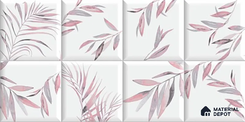 Floral Wall Tile TL 06559 L Limon Pink Leaf HL 2 ft x 1 ft Ceramic Glossy Finish - 8 mm | Suitable for Living Room, Kitchen & Bathroom | Please Expect a Slight Variation of Pattern (Sample)