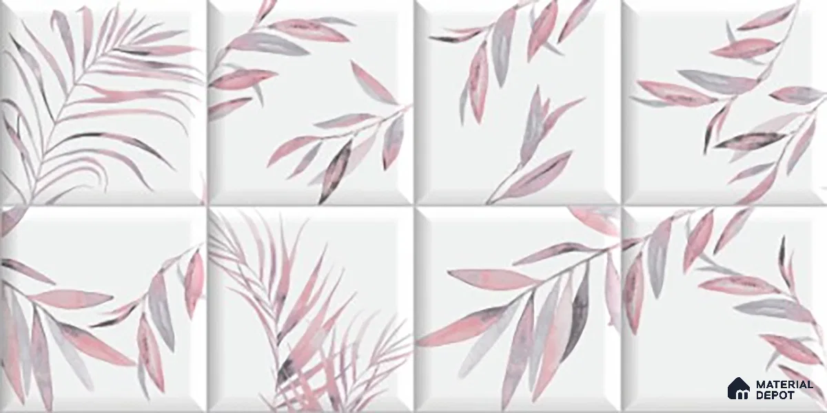 Floral Wall Tile TL 06559 L Limon Pink Leaf HL 2 ft x 1 ft Ceramic Glossy Finish - 8 mm | Suitable for Living Room, Kitchen & Bathroom | Please Expect a Slight Variation of Pattern (Sample)