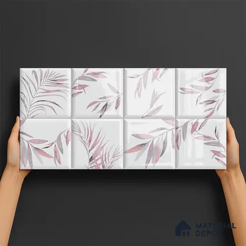Floral Wall Tile TL 06559 L Limon Pink Leaf HL 2 ft x 1 ft Ceramic Glossy Finish - 8 mm | Suitable for Living Room, Kitchen & Bathroom | Please Expect a Slight Variation of Pattern