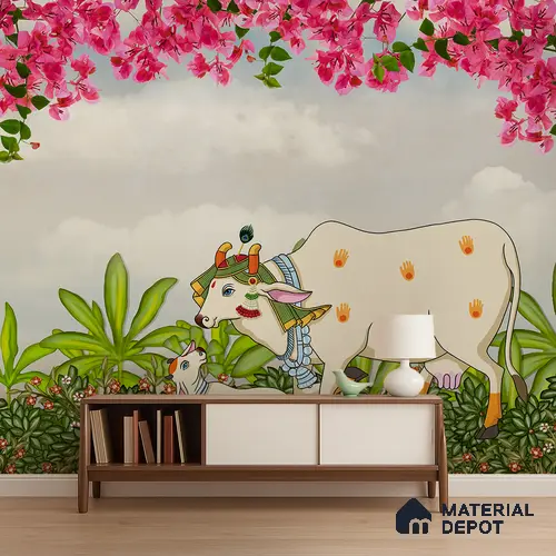 Divine Bond Kamdhenu Hand Painted Floral Scroll | WP 04183 Non Woven Matte Finish Animal Print,Pichwai Style Premium Customized size Wallpaper | 150 GSM WP01MTF Paper | (MOQ = 30 Sq. Ft.) | Design change not possible