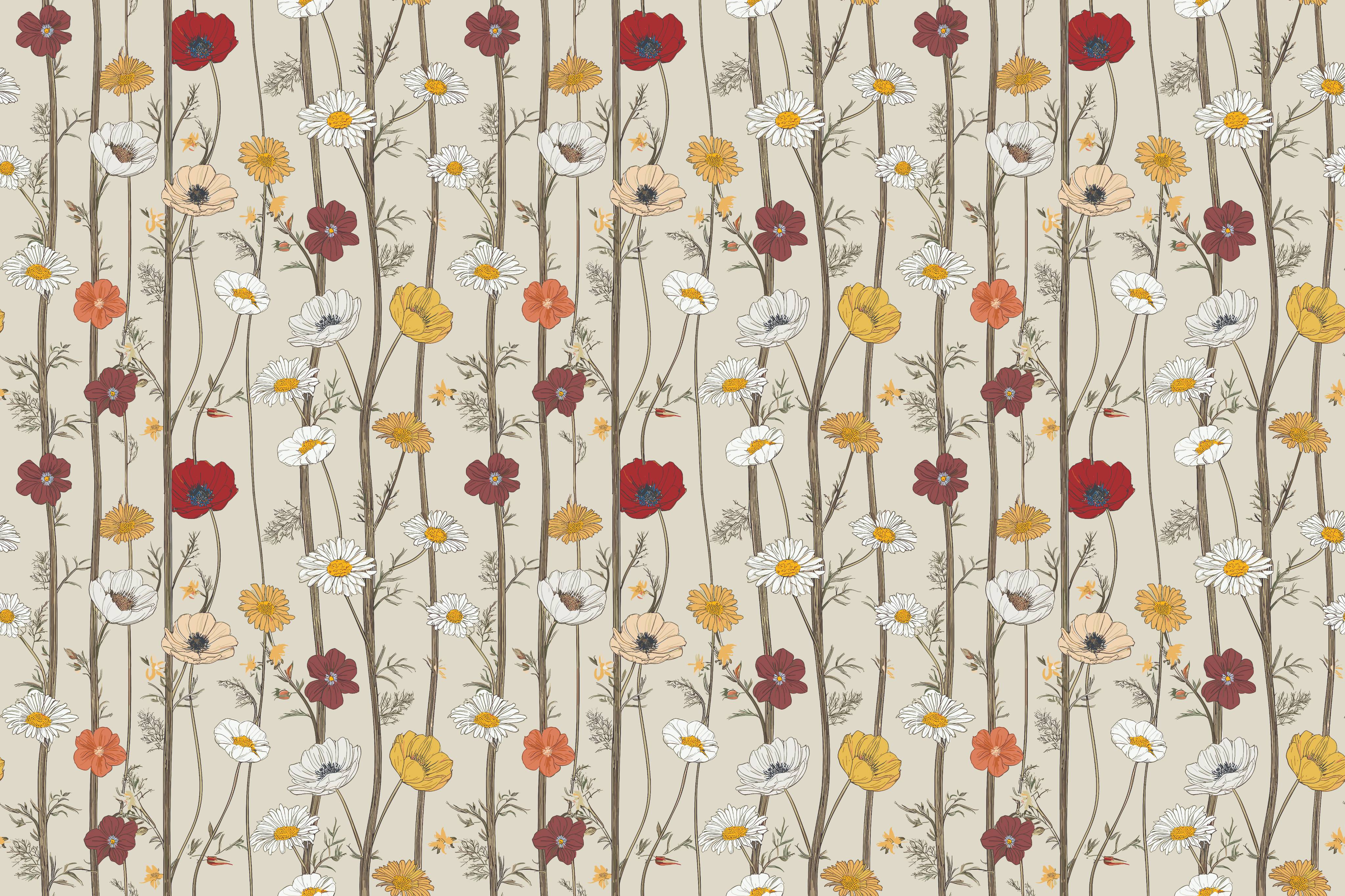 Beige Vertical Wildflower Handcrafted Florals Artistic Wallpaper | Material Depot