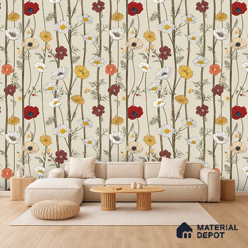 Beige Vertical Wildflower Handcrafted Florals Artistic | WP 03928 Non Woven Matte Finish Florals Style Premium Customized size Wallpaper | 150 GSM WP01MTF Paper | (MOQ = 30 Sq. Ft.)