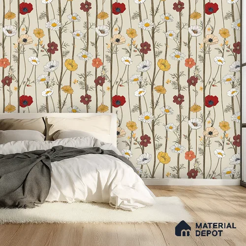 Beige Vertical Wildflower Handcrafted Florals Artistic | WP 03928 B Canvas Texture Finish Florals Style luxurious Customized size Wallpaper | 250 GSM WP01CNF Paper | (MOQ = 30 Sq. Ft.)