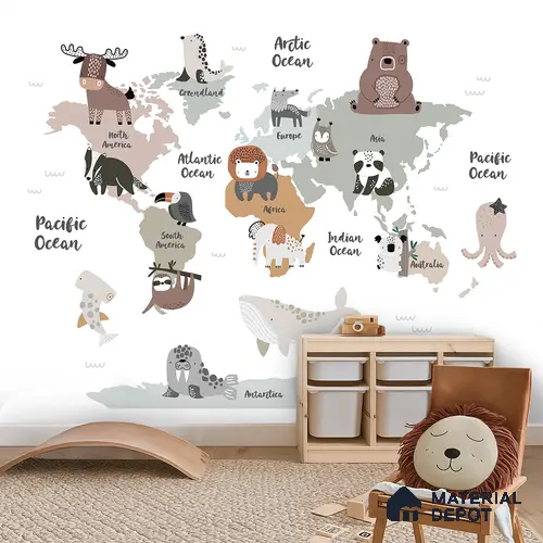 Animal Friends of Every Land Pastel | WP 04073 B Non Woven Matte Finish Map Style Premium Customized size Wallpaper | 150 GSM WP01MTF Paper | (MOQ = 30 Sq. Ft.)