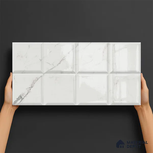 Faux Subway Wall Tile TL 06459 B Carara Milky HL 2 ft x 1 ft Ceramic Glossy Finish - 8 mm | Suitable For Kitchen, Bathroom, Dining Area