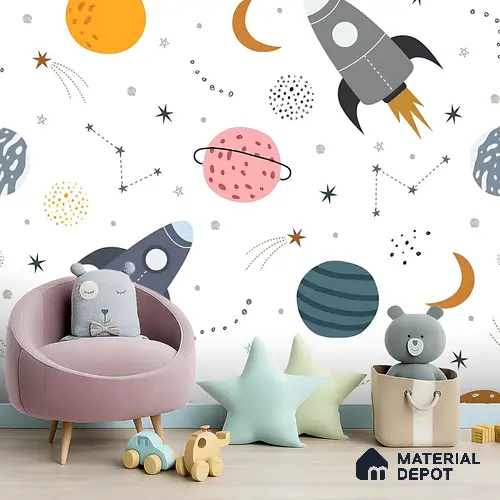 Dreaming Among Planets Rocket Journey To Space | WP 04082 Canvas Texture Finish Space Style luxurious Customized size Wallpaper | 250 GSM WP01CNF Paper | (MOQ = 30 Sq. Ft.)