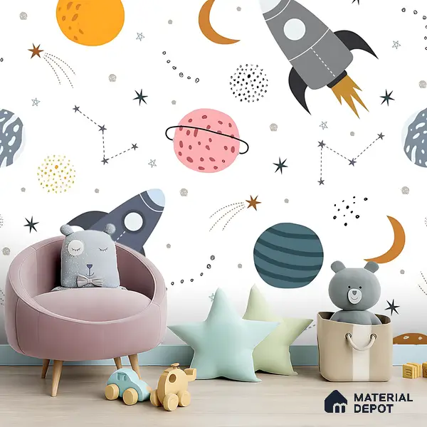 Dreaming Among Planets Rocket Journey To Space | WP 04082 B Non Woven Matte Finish Space Style Premium Customized size Wallpaper | 150 GSM WP01MTF Paper | (MOQ = 30 Sq. Ft.)