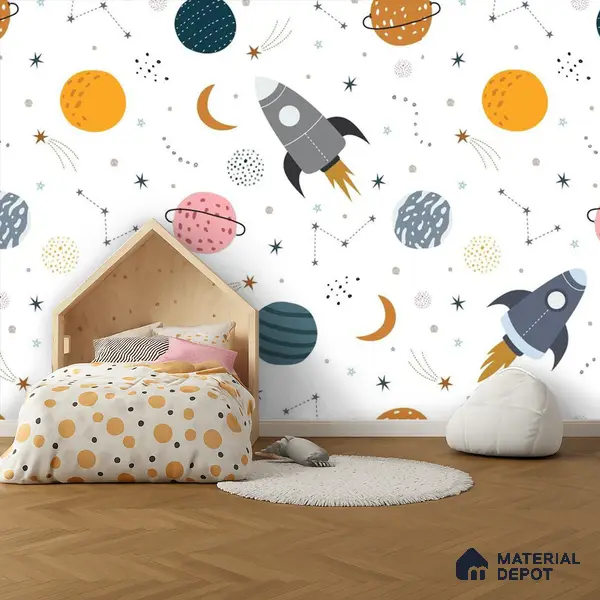 Dreaming Among Planets Rocket Journey To Space | WP 04082 B Non Woven Matte Finish Space Style Premium Customized size Wallpaper | 150 GSM WP01MTF Paper | (MOQ = 30 Sq. Ft.)