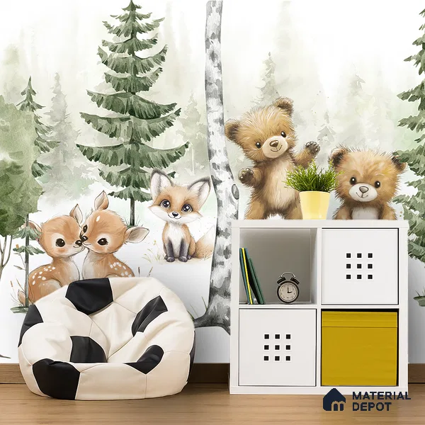 Gentle Side of the Woods Teddy And Deer In Snowy Landscape | WP 04045 B Non Woven Matte Finish Animal Print Style Premium Customized size Wallpaper | 150 GSM WP01MTF Paper | (MOQ = 30 Sq. Ft.) | Design change not possible
